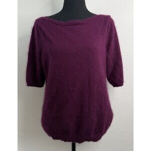 Ann Taylor Rabbit Hair Sweater XL Purple Fuzzy Knit Boat Neck Short Sleeve Cozy